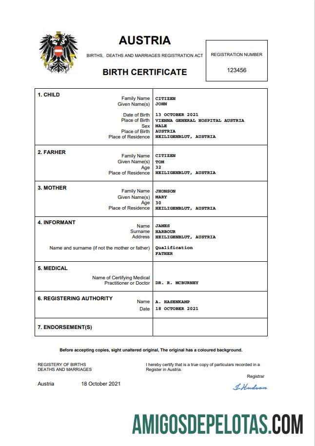 Realista modelo Word e PDF de certidão de nascimento de registro vital da Áustria